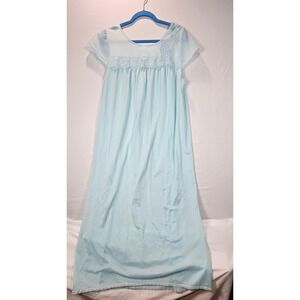 Vtg Peignoir Aqua Blue Pastel Satin Applique Lace Yoke Band Nightgown Maxi